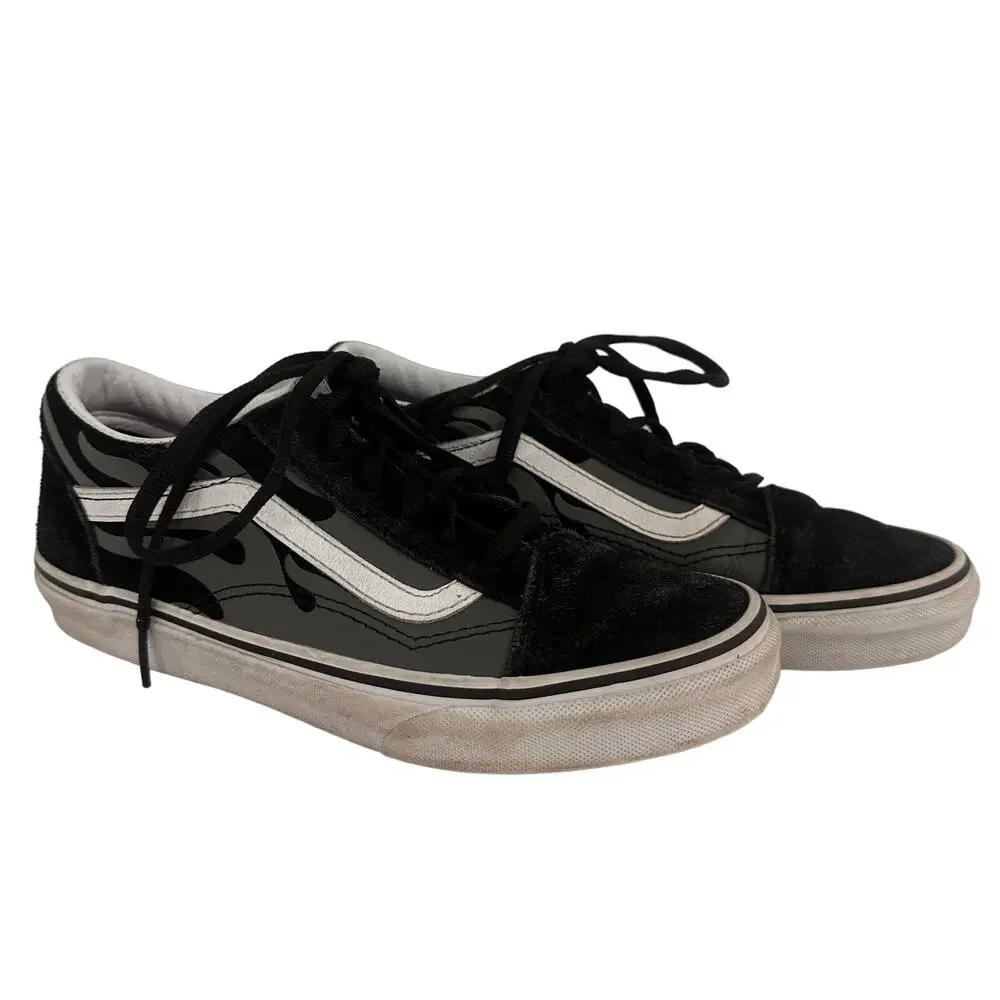 Vans Junior Black Flames Leather Canvas Skate Shoes Size 4.5